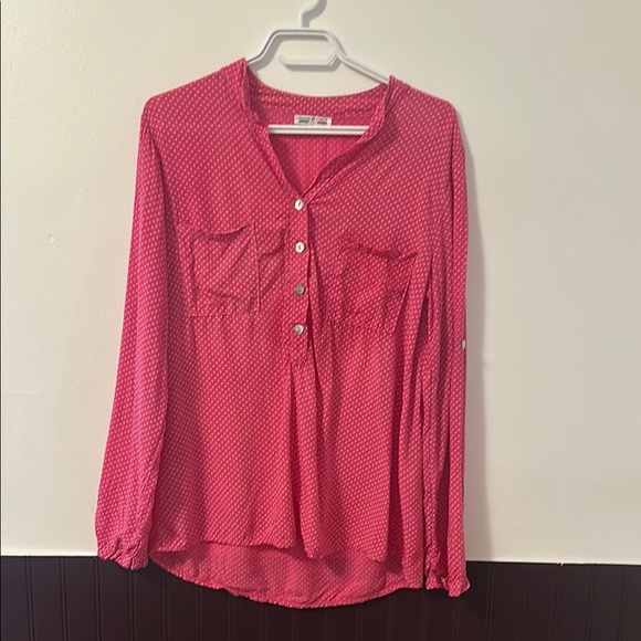 Made in Italy Pink Polka Dot Blouse – 100% Viscose, Frill Trim, Roll-Tab Sleeves - Picture 1 of 1